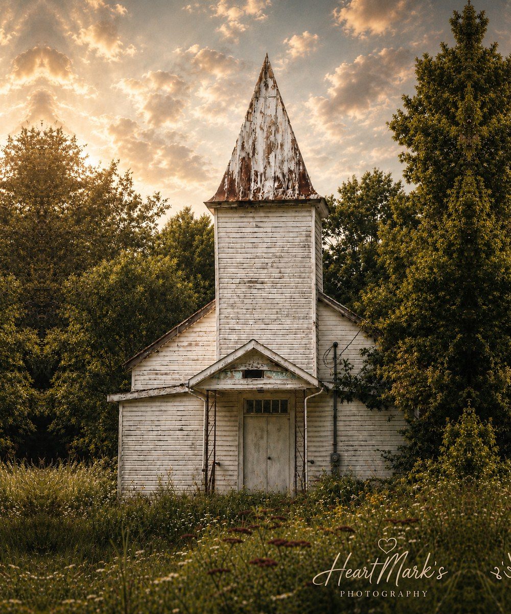A white country church with a steeple glowing at sunset